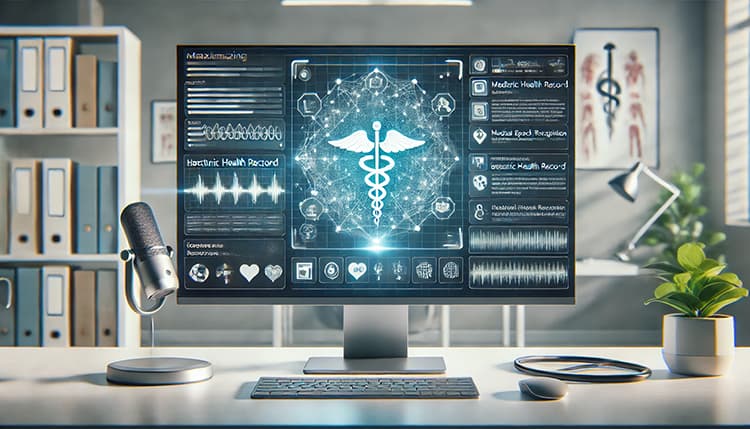 EHR interface with Dragon speech recognition software, a doctor speaking into a microphone, and AI elements in a medical office.
