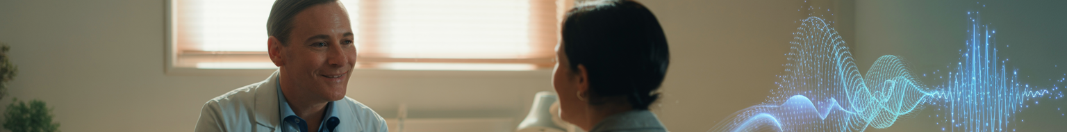 Healthcare provider and patient consultation with AI-powered ambient intelligence visualization showing data transformation from voice to analytics through DAX Copilot and Microsoft Fabric integration