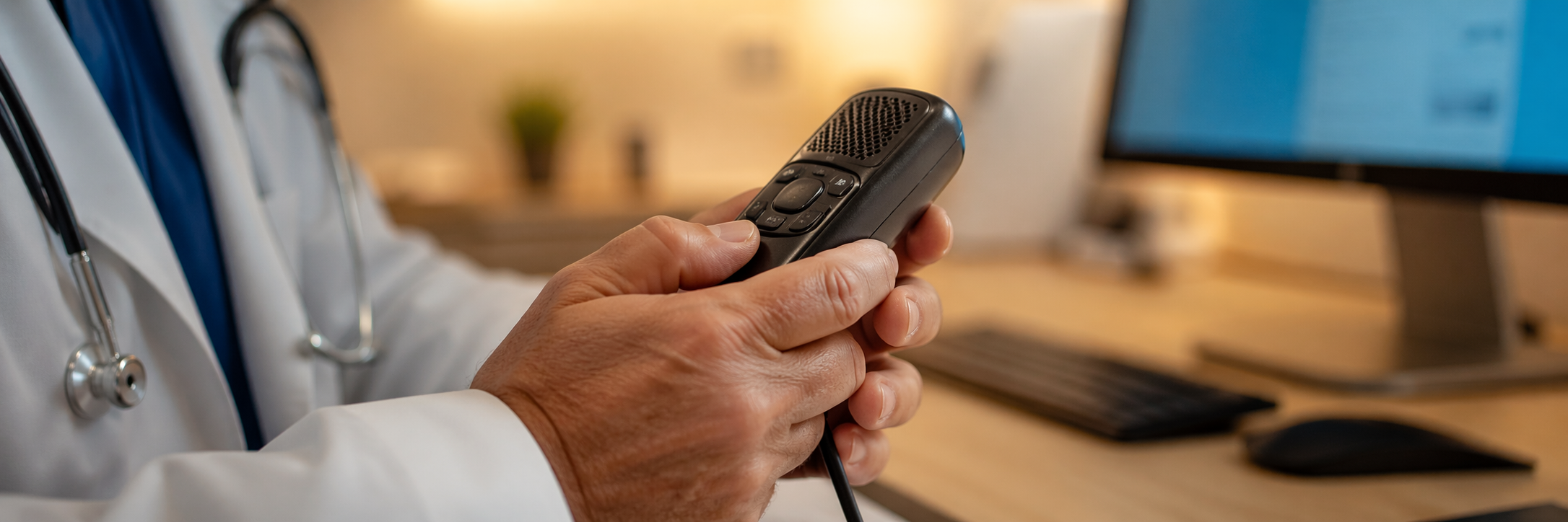 Physician holding PowerMic device for hands-free clinical documentation with Dragon Copilot