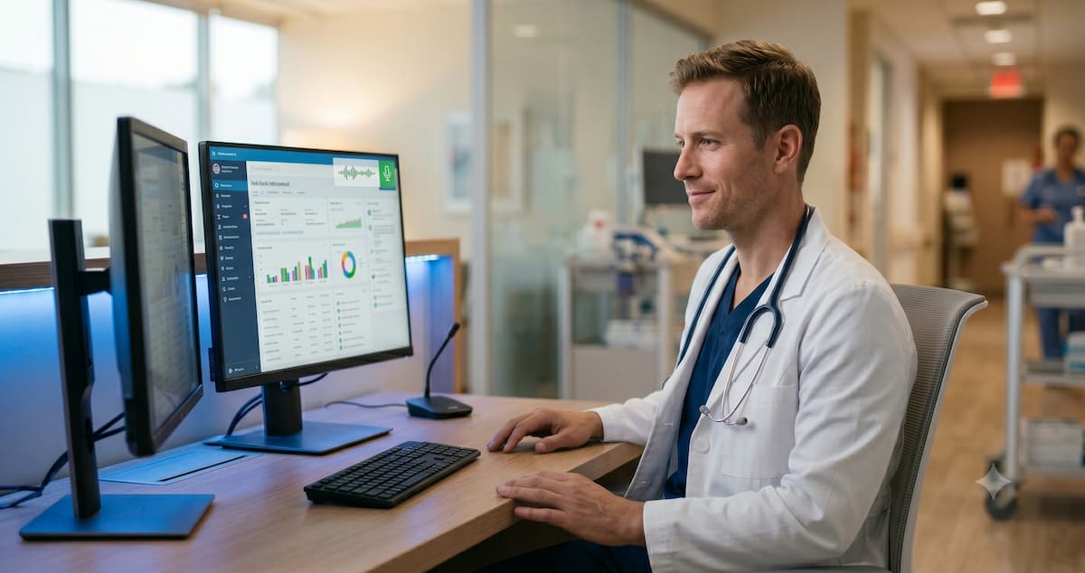 Dragon Copilot 3.6.1 single sign-on — physician using hands-free voice documentation at an EHR workstation