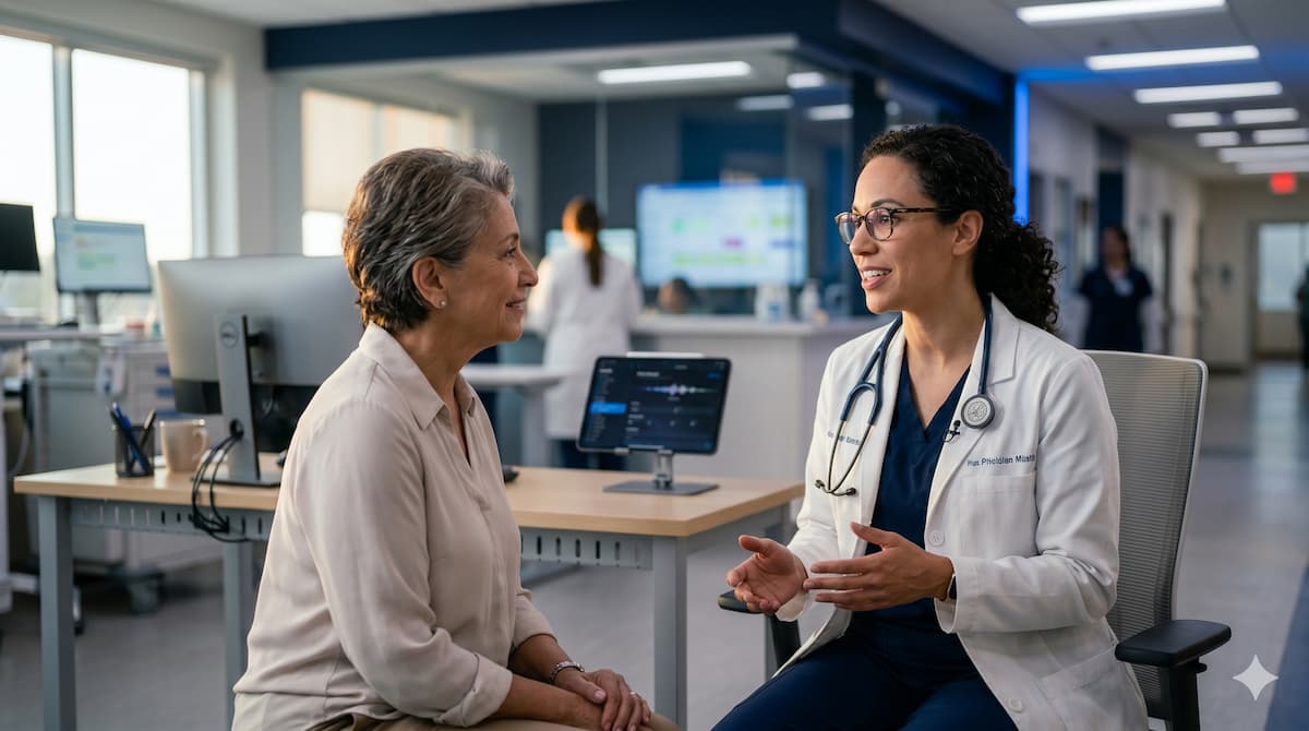 Physician in conversation with a patient while clinical documentation is captured hands-free, illustrating the Dragon Medical One to Dragon Copilot migration