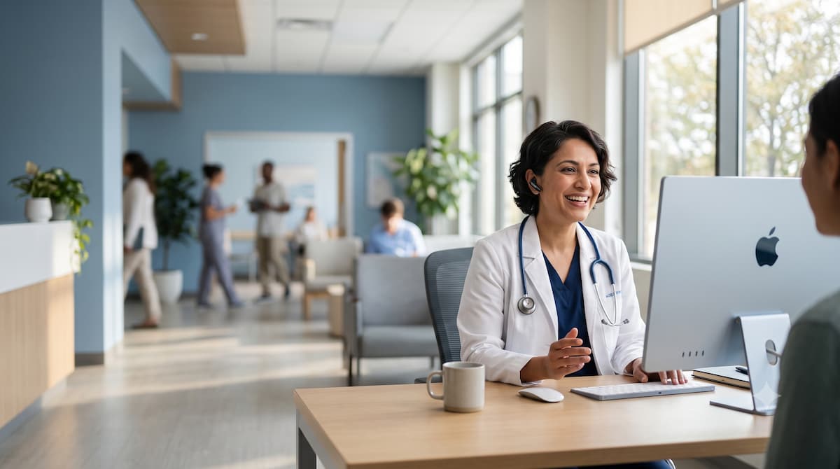 Physician using Dragon Medical documentation natively on a Mac in a modern clinic