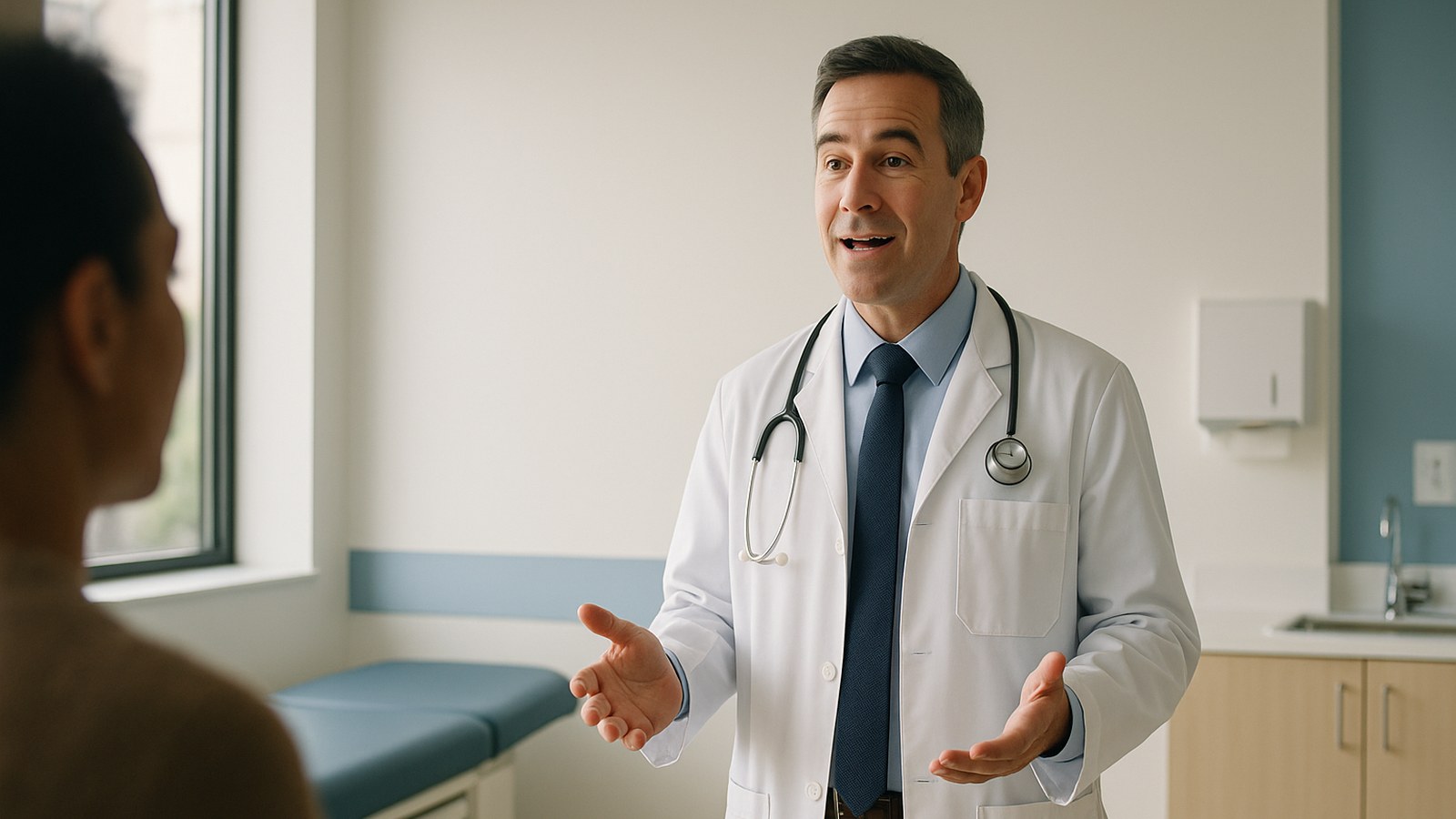 Dragon Copilot 5.0 — physician completing a patient visit by voice in a modern consult room