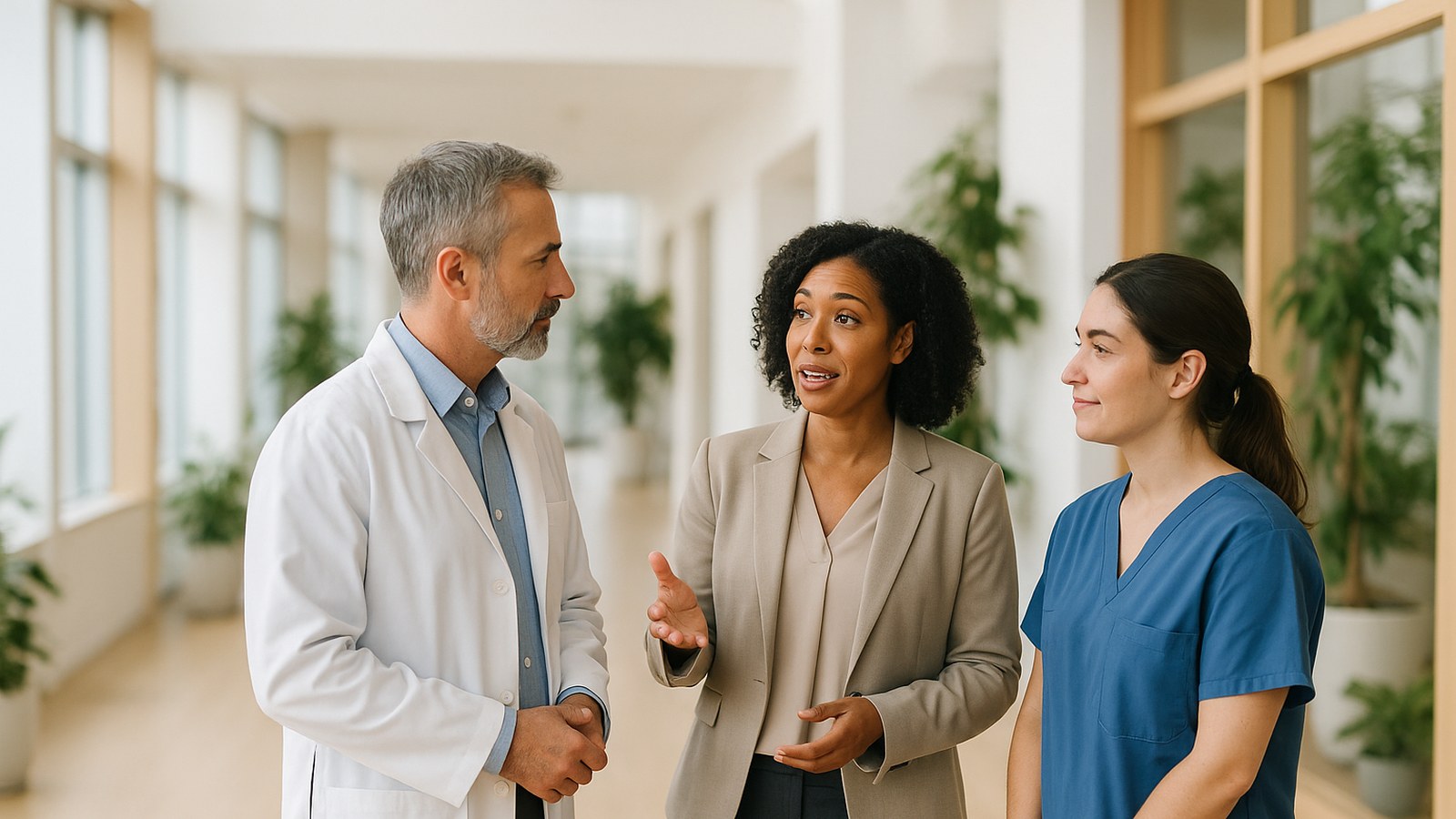A physician, a practice administrator and a clinical staff member talking together in a bright medical clinic — the three roles a Dragon Copilot CNEX rollout needs