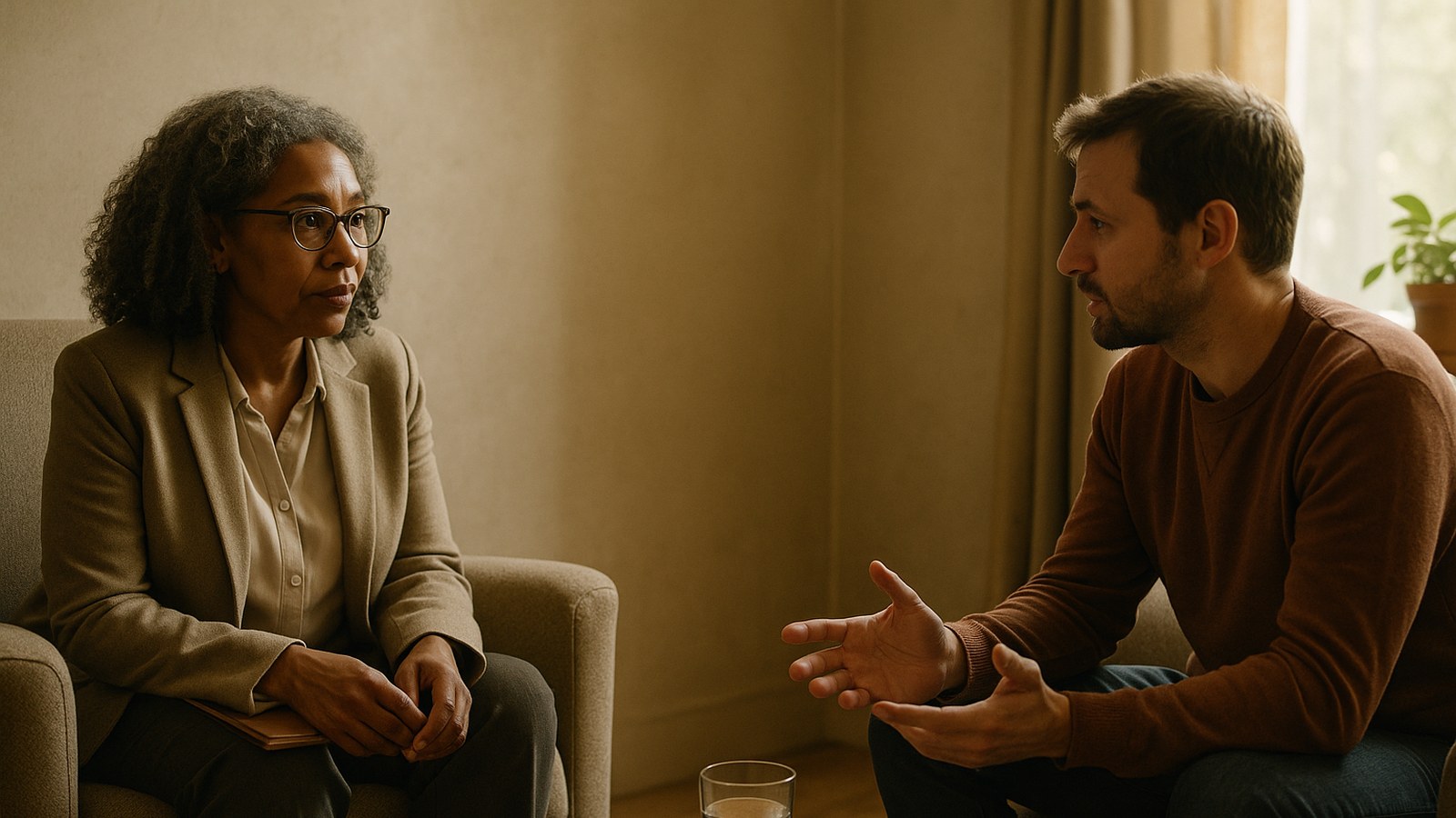 Dragon Copilot psychiatry note model — psychiatrist listening as a patient speaks during a consultation