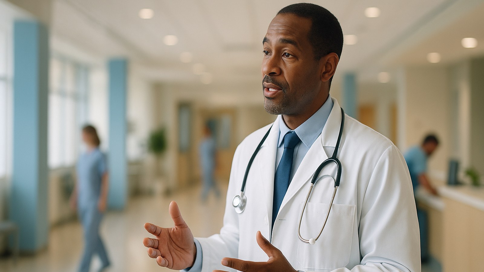 Dragon Medical One 2026.3 — physician documenting by voice in a modern clinical corridor