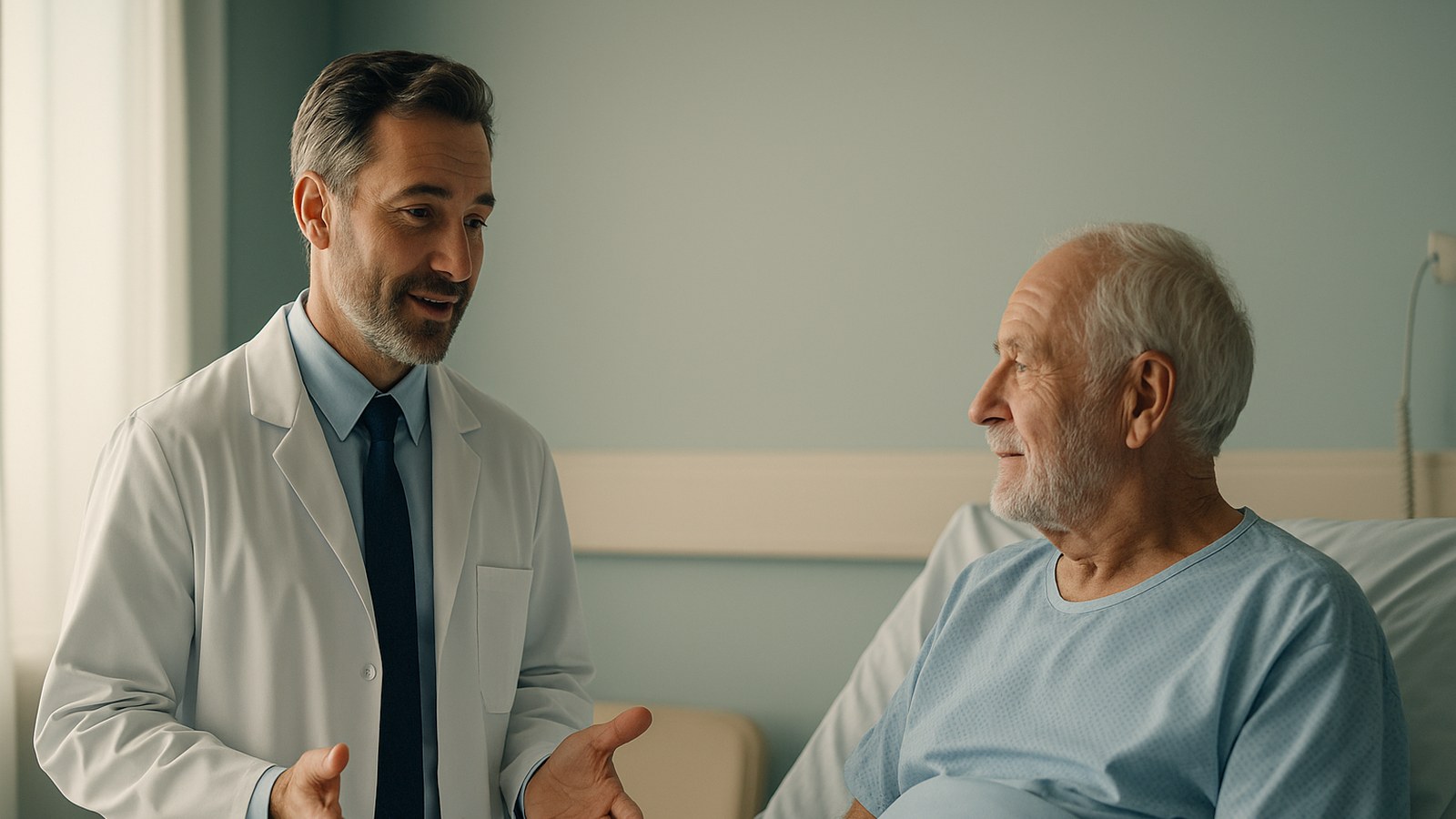 Dragon Copilot 5.1 and 5.2 — physician documenting a bedside visit by voice, hands-free