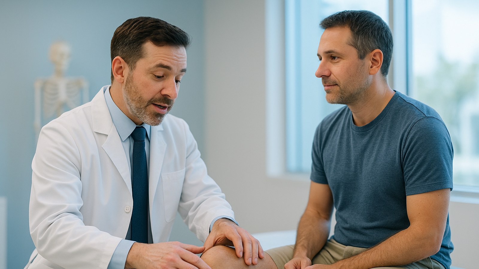 Dragon Copilot 5.1 — physician examining a patient's knee with both hands while documenting hands-free by voice