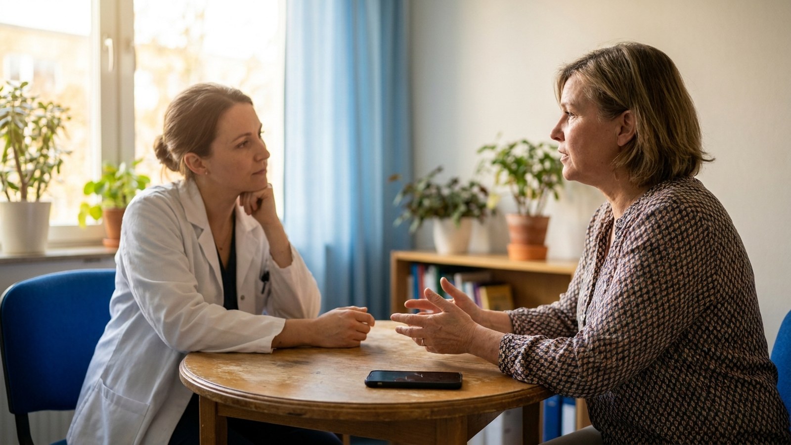 Dragon Copilot clinical note updates — physician listening to a patient in an outpatient consultation room