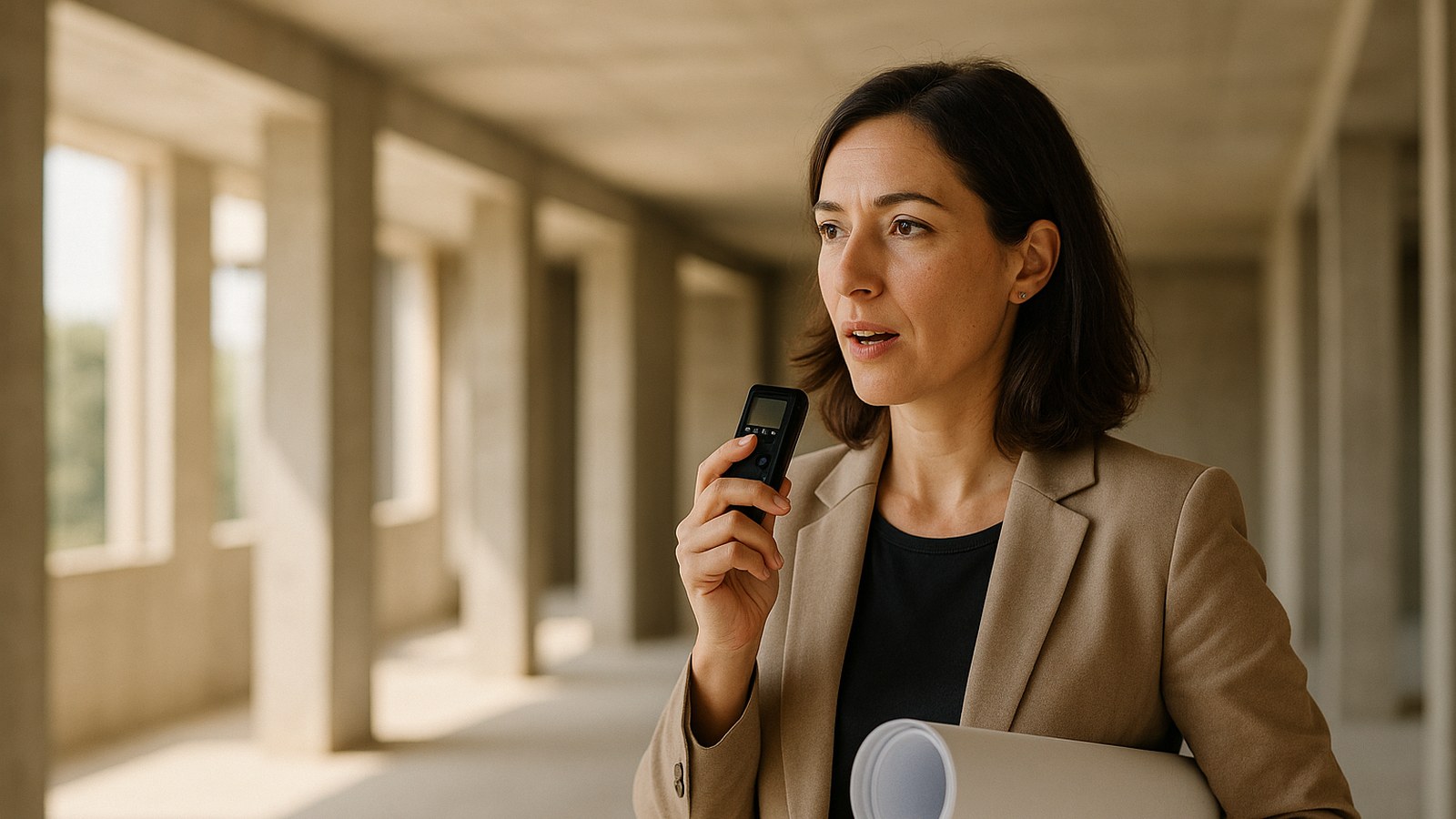 Architect dictating site notes into a handheld Philips voice recorder — SpeechLive Professional AI Assistant