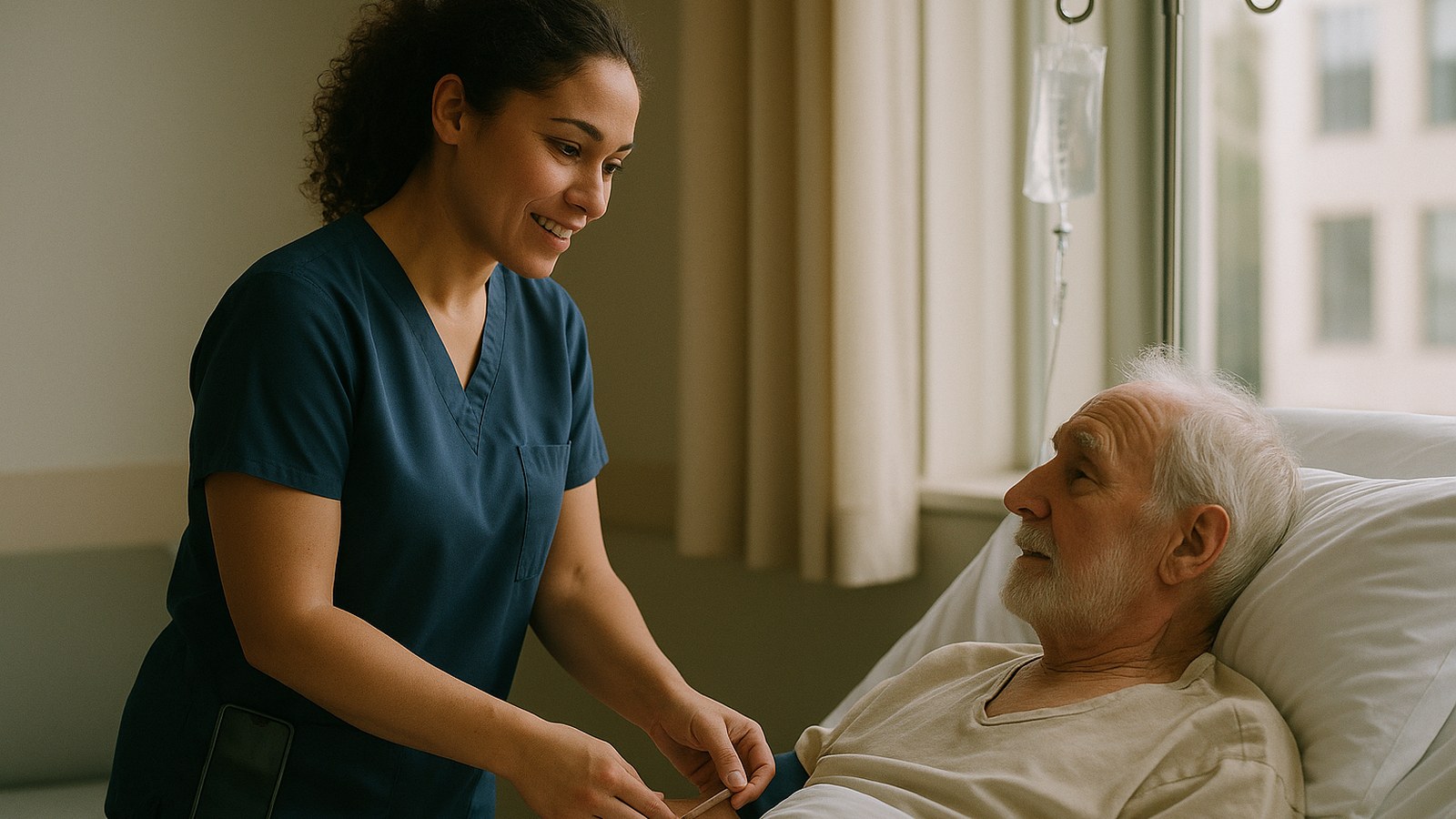 Dragon Copilot 5.2 — nurse at the bedside checking a patient IV line while documenting by voice