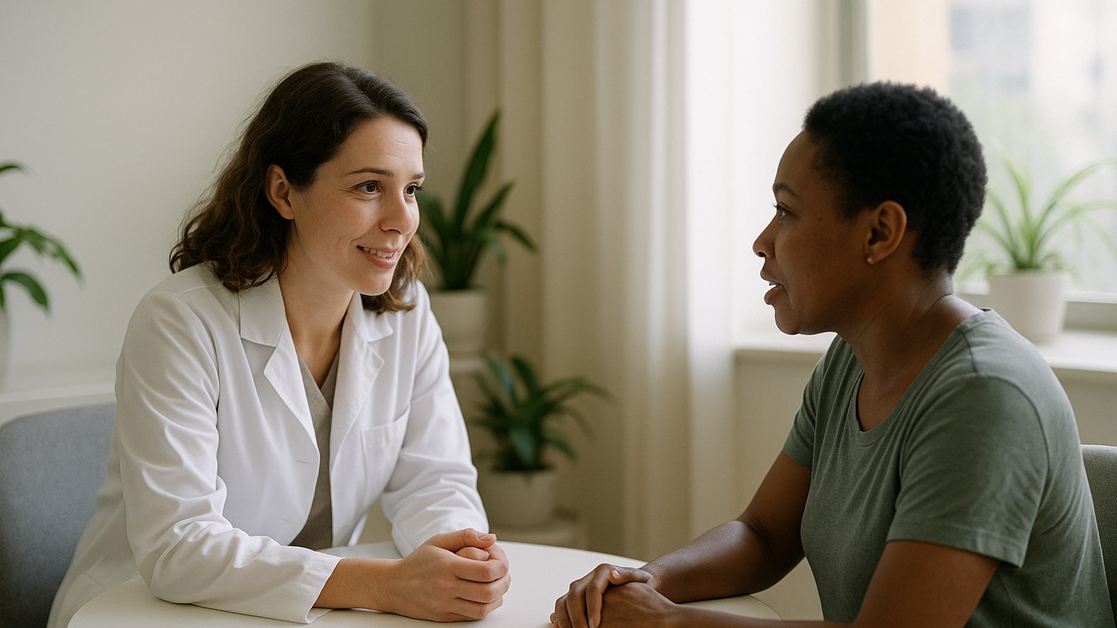 Dragon Copilot ambient AI scribe (formerly DAX): clinician keeps her attention on the patient during a consult-room conversation