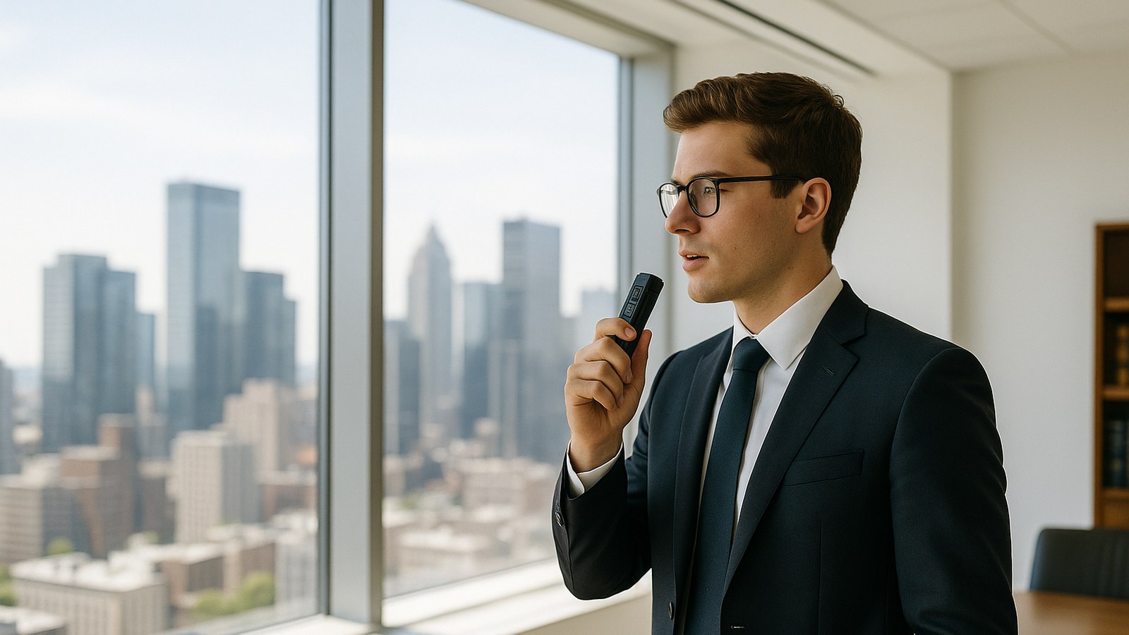 Dragon Legal alternatives 2026: attorney dictating by voice into a handheld microphone in a modern law office
