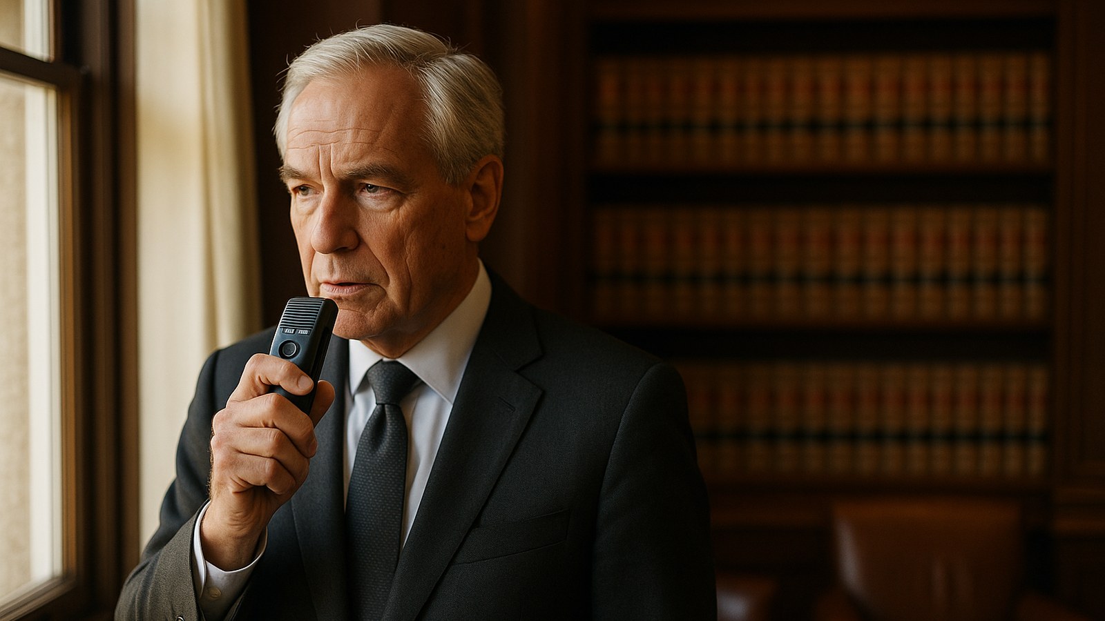 Dragon Legal Anywhere discontinued: attorney dictating by voice into a handheld microphone in a law office