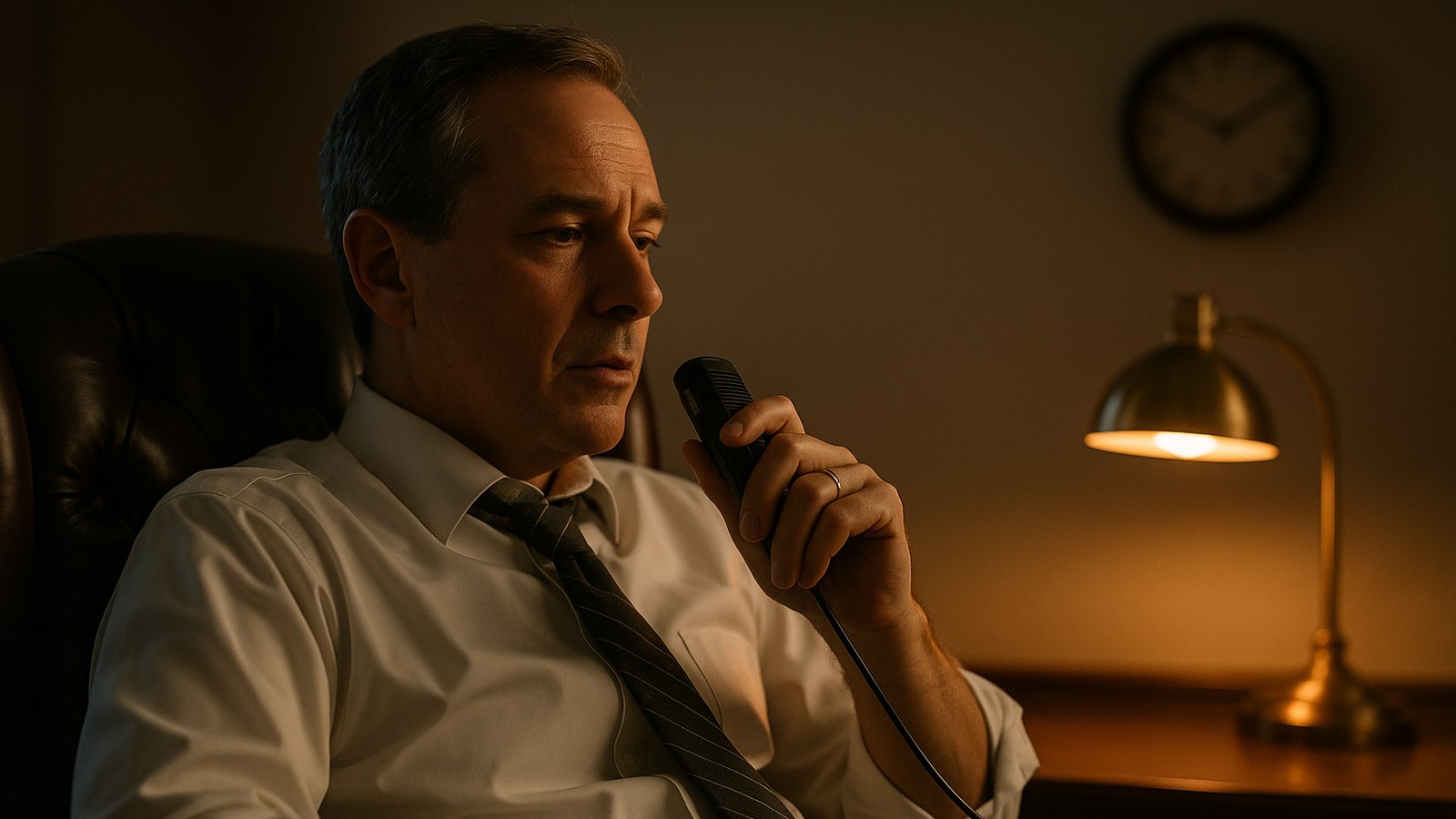 Dragon Legal Anywhere end-of-life dates: attorney dictating into a handheld microphone in chambers at dusk