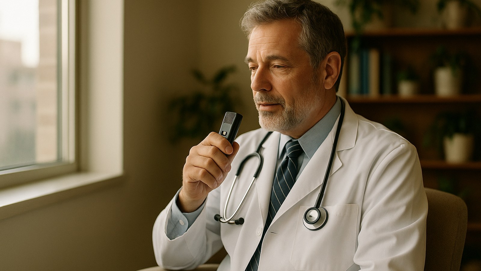 eClinicalWorks practices keeping Dragon Medical One — physician dictating a note by voice in a clinic office