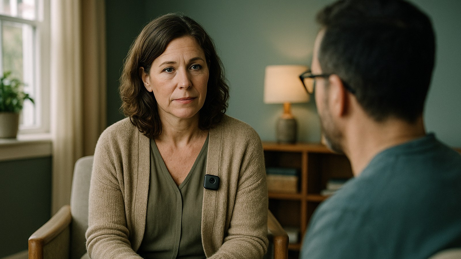 Behavioral health clinician wearing a clip-on ambient recorder during a counseling session — SpeechLive Health AI Assistant