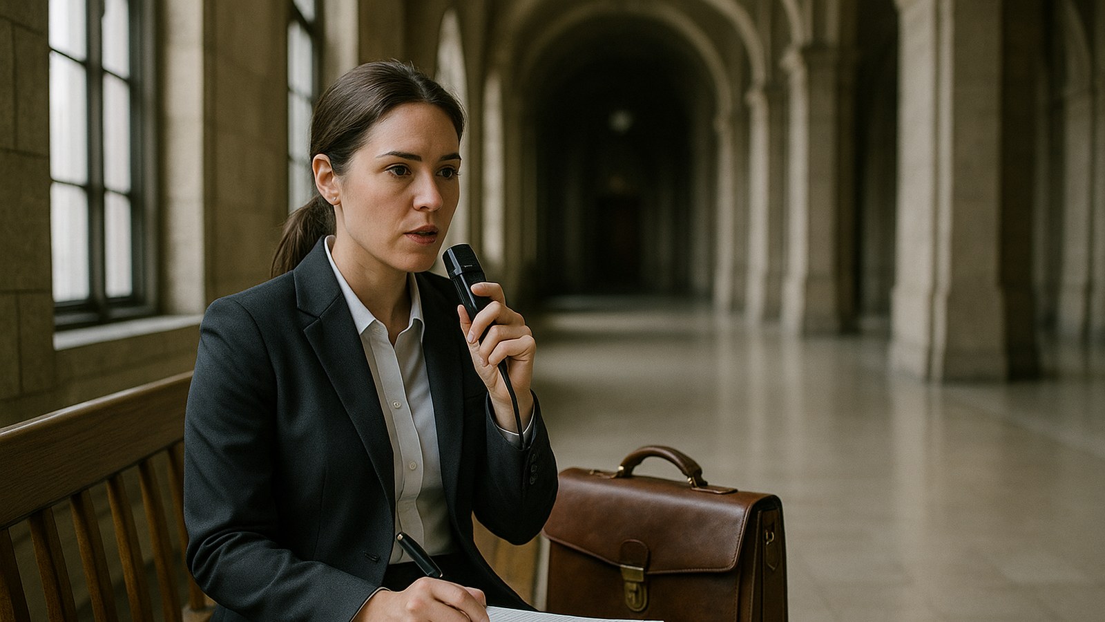 Philips SpeechLive Legal AI Assistant: attorney dictating into a handheld microphone in a courthouse corridor