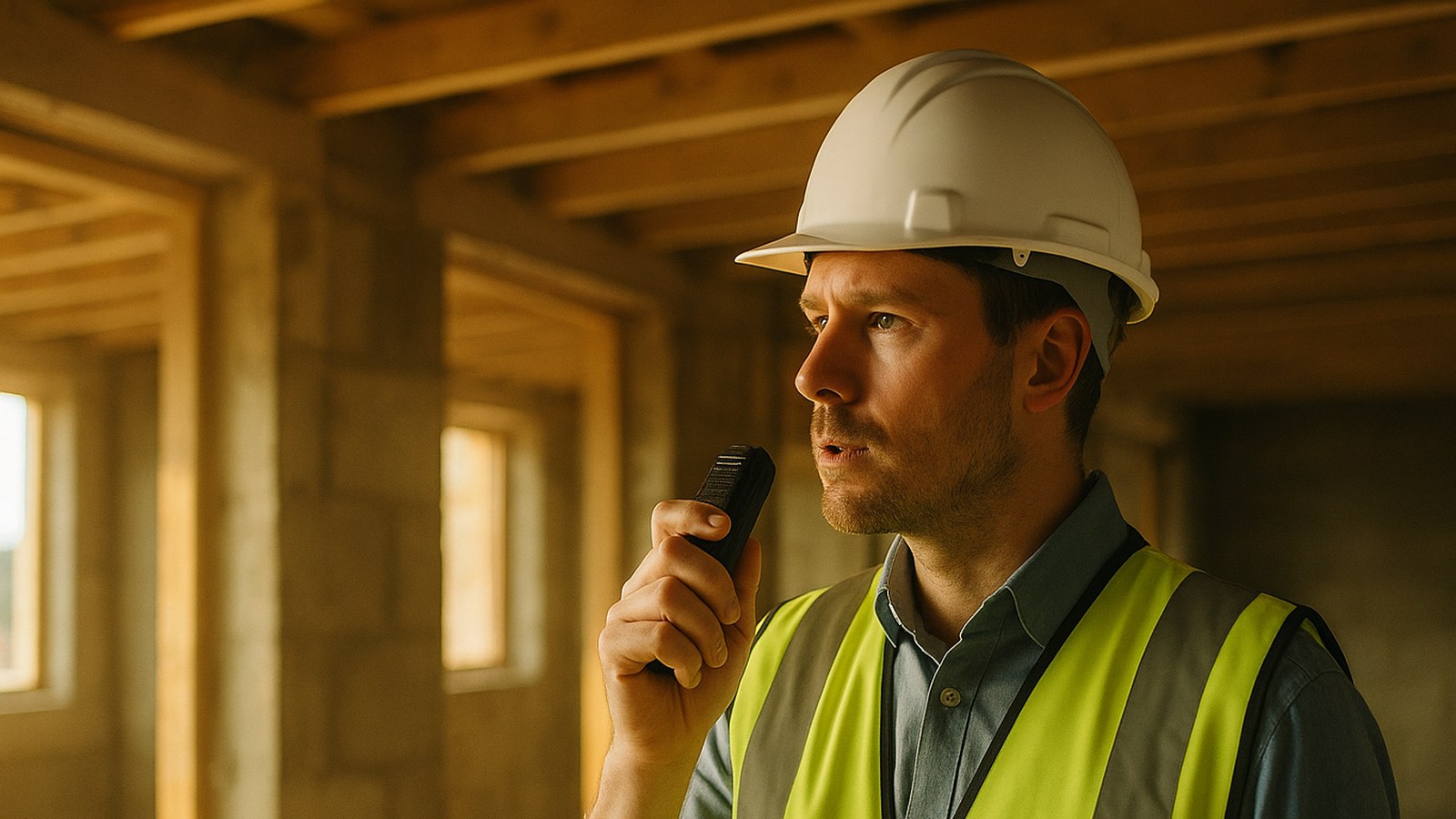 Philips SpeechLive Professional AI Assistant: building surveyor dictating site notes into a handheld microphone